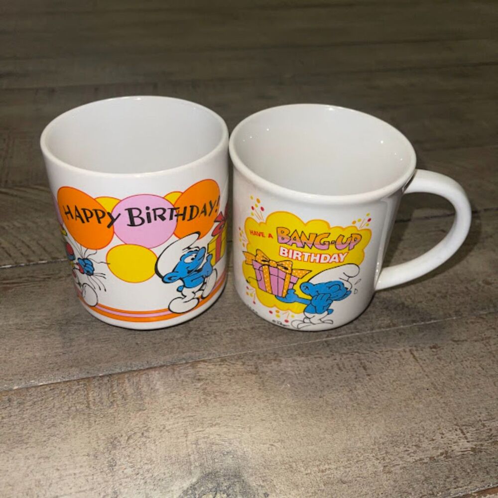 Lot of 2 Vintage Smurfs Mugs Happy Birthday Coffee Ceramic Cup 1981